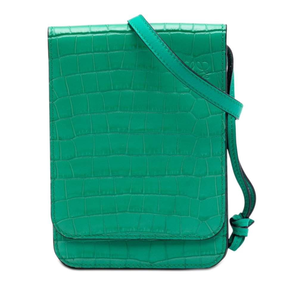 Loewe Croc Embossed Leather Anagram Gusset Flat Crossbody Green Leather Very good condition - Front View