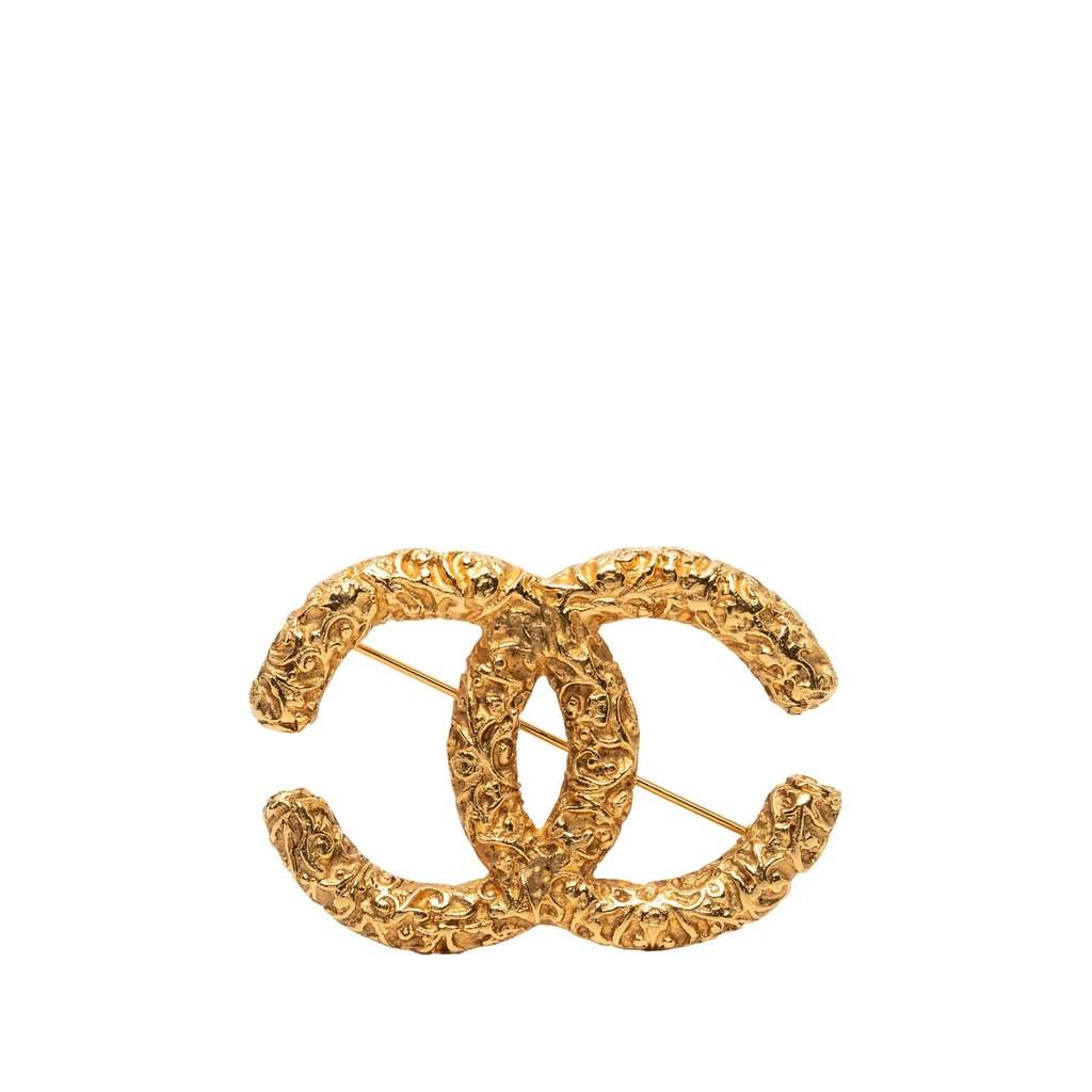 Chanel CC Gold Plated Baroque Embossed Brooch Gold Metal Very good - Front View