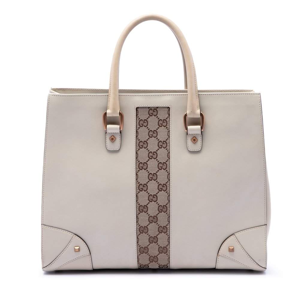 Gucci Calfskin and GG Canvas Nailhead Tote White Leather Very good condition - Front View
