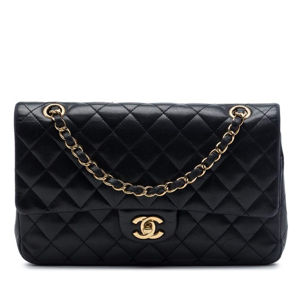 Chanel Medium Classic Lambskin Double Flap Black Leather Very good - Front View