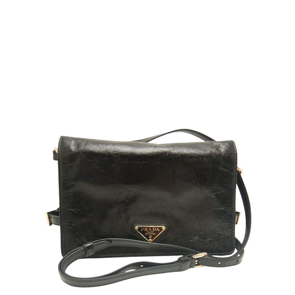 Prada Crinkled Calfskin Crossbody Black Leather Very good condition - Front View