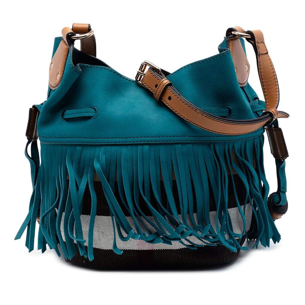 Burberry Small Mega Check Canvas and Suede Fringe Belgrove Bucket Bag Blue Leather Very good condition - Front View
