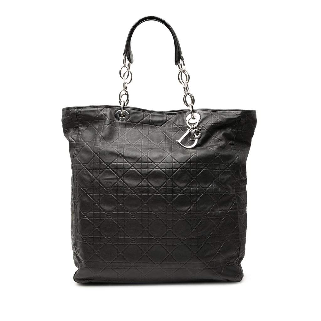 Dior Large Lambskin Cannage Lady Dior Soft Shopping Tote Black Leather Very good condition - Front View