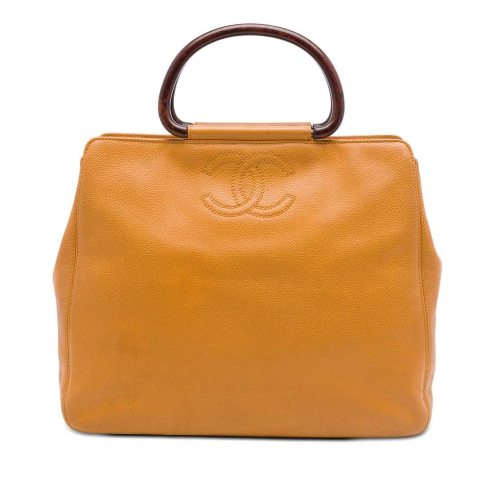 Chanel CC Caviar Wood Top Handle Tote Yellow Leather Very good condition - Front View