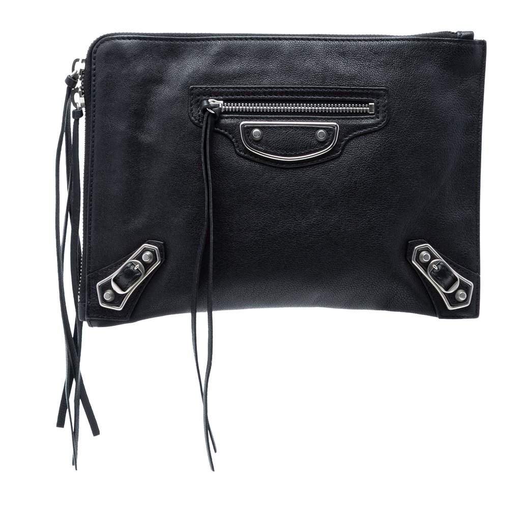 Balenciaga Goatskin Motocross Classic Metallic Edge Clutch Black Leather Very good condition - Front View