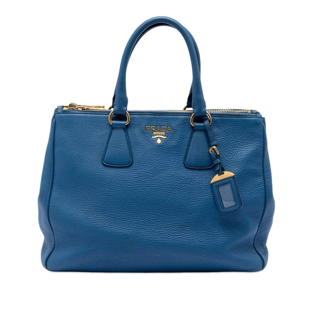 Prada Vitello Daino Double Zip Convertible Tote Blue Leather Very good condition - Front View