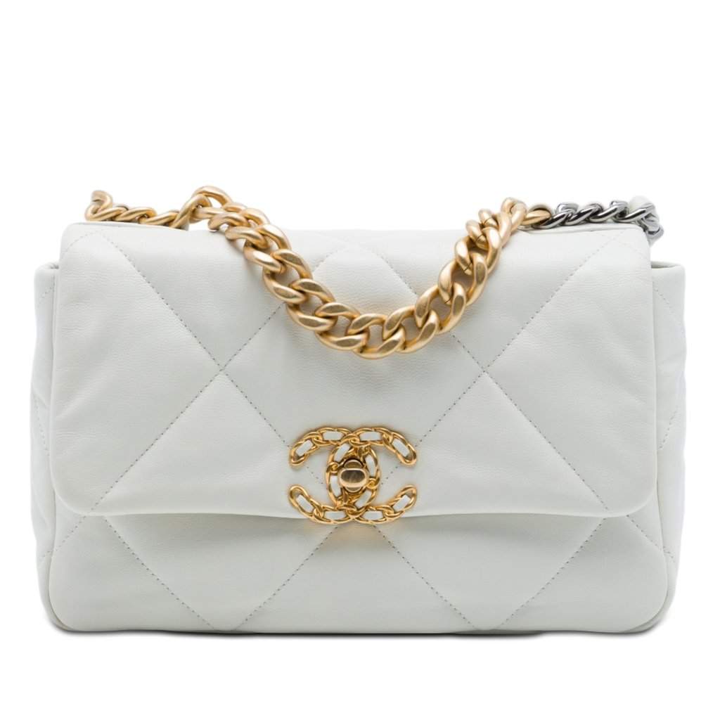 Chanel Medium Lambskin 19 Flap White Leather Very good - Front View