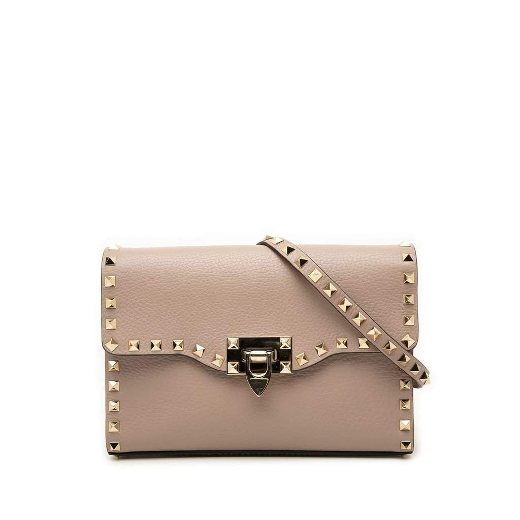 Valentino Small Pebbled Calfskin Rockstud Flap Crossbody Beige Leather Very good - Front View