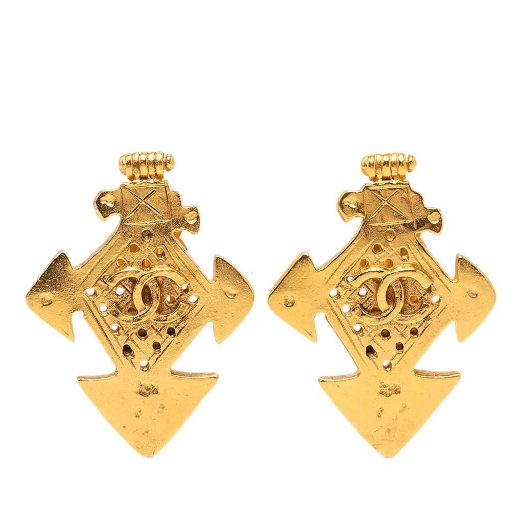 Chanel CC Gold Plated Cross Clip On Earrings Gold Metal Very good - Front View