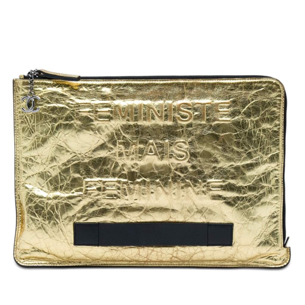 Chanel Metallic Crinkled Calfskin Feministe Mais Feminine Pouch Gold Leather Very good - Front View