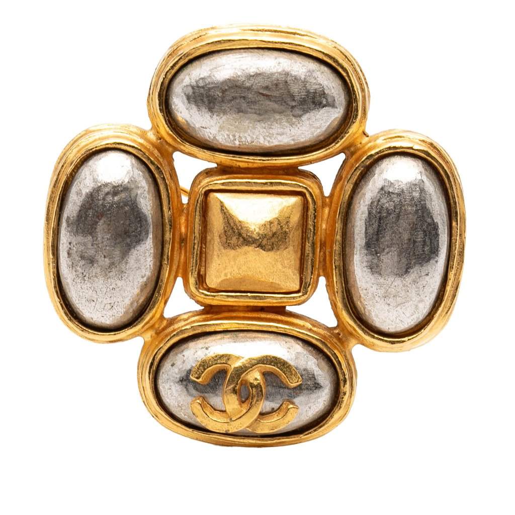 Chanel CC Gold Plated Gripoix Clover Brooch Gold Metal Very good condition - Front View