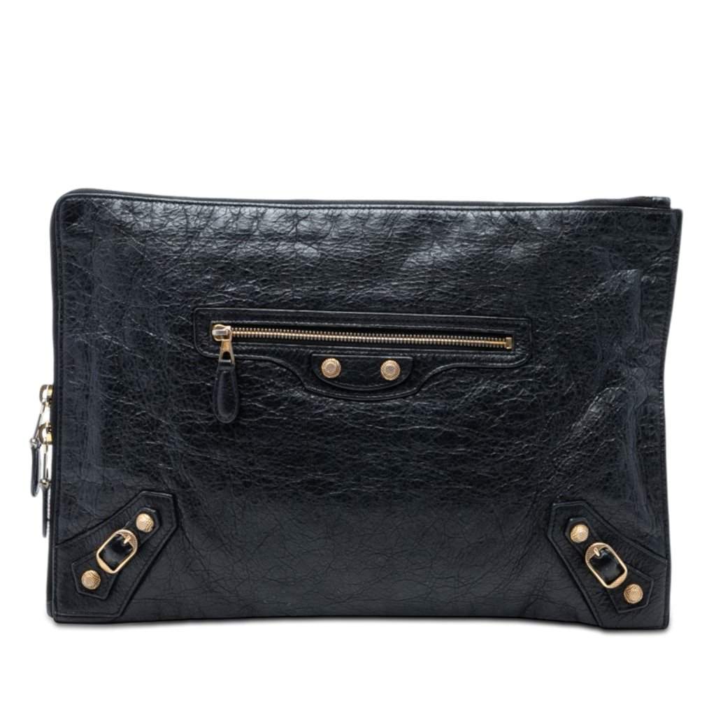 Balenciaga Lambskin Motocross Giant 12 Zip Around Flat Clutch Black Leather Very good condition - Front View