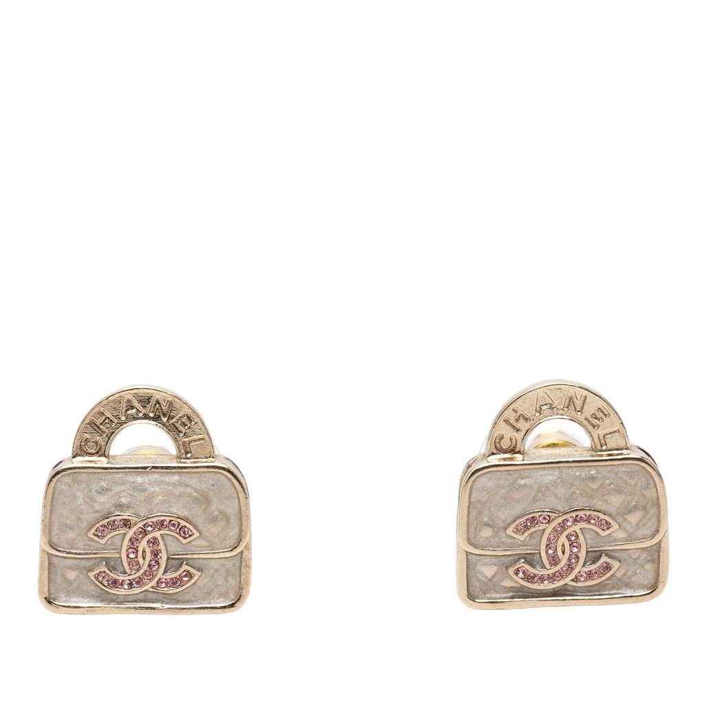 Chanel CC Brass Resin Strass Top Handle Bag Push Back Earrings Gold Metal Very good - Front View