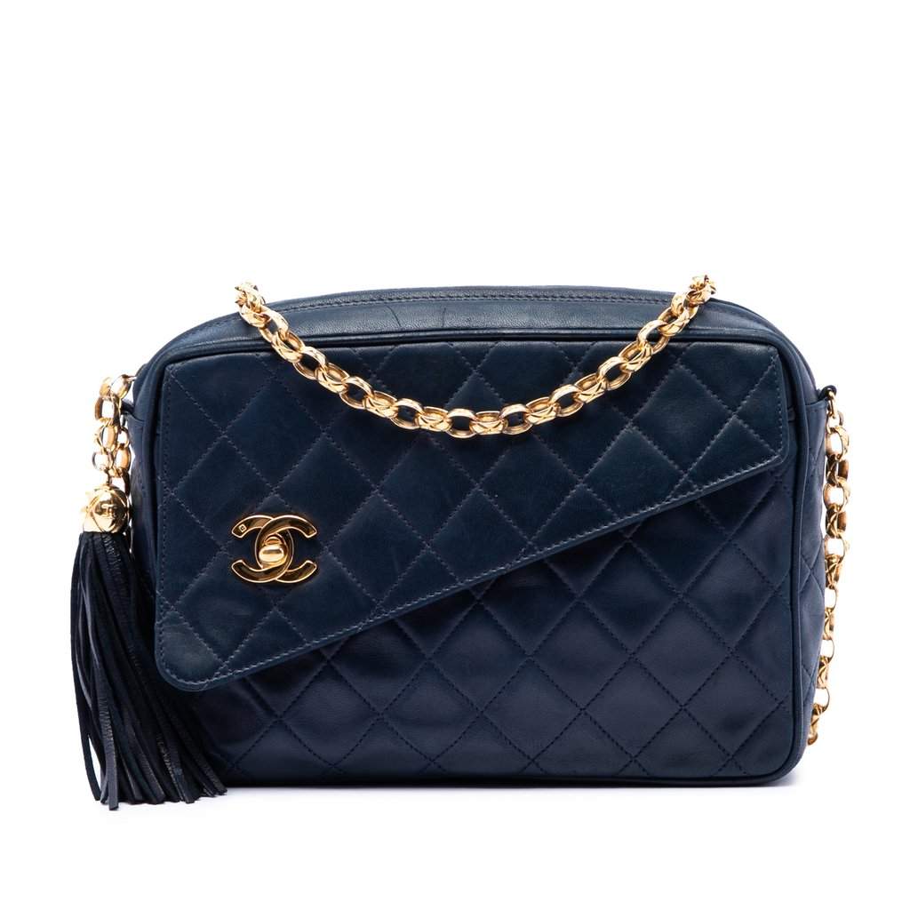 Chanel CC Quilted Lambskin Tassel Camera Bag Blue Leather Very good condition - Front View