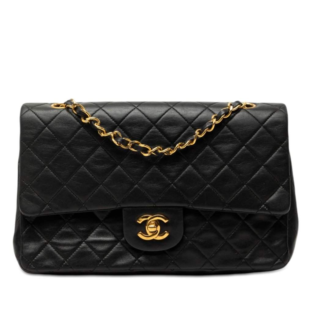 Chanel Medium Classic Lambskin Double Flap Black Leather Very good - Front View