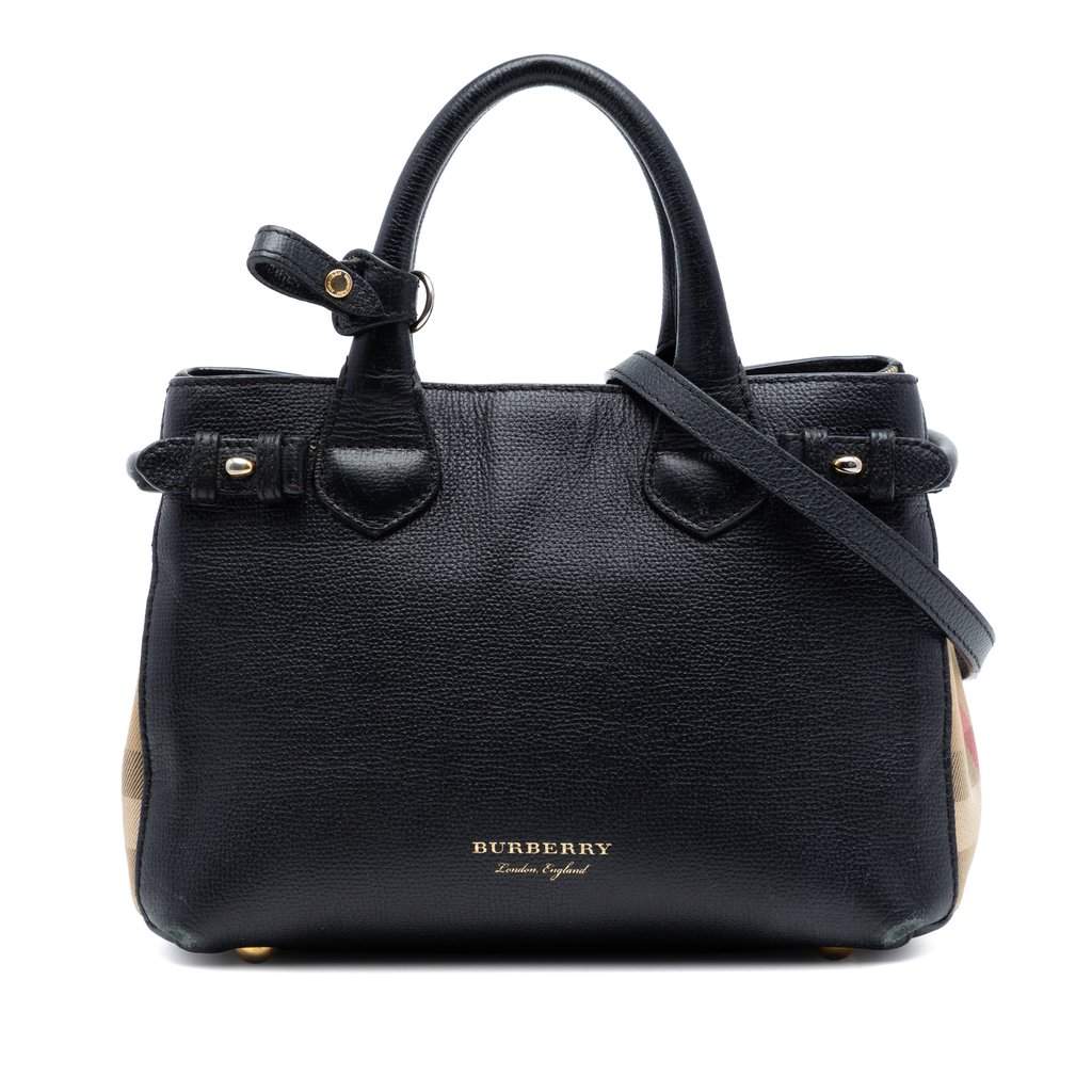 Burberry Small Derby Calfskin and House Check Banner Satchel Black Leather Very good condition - Front View