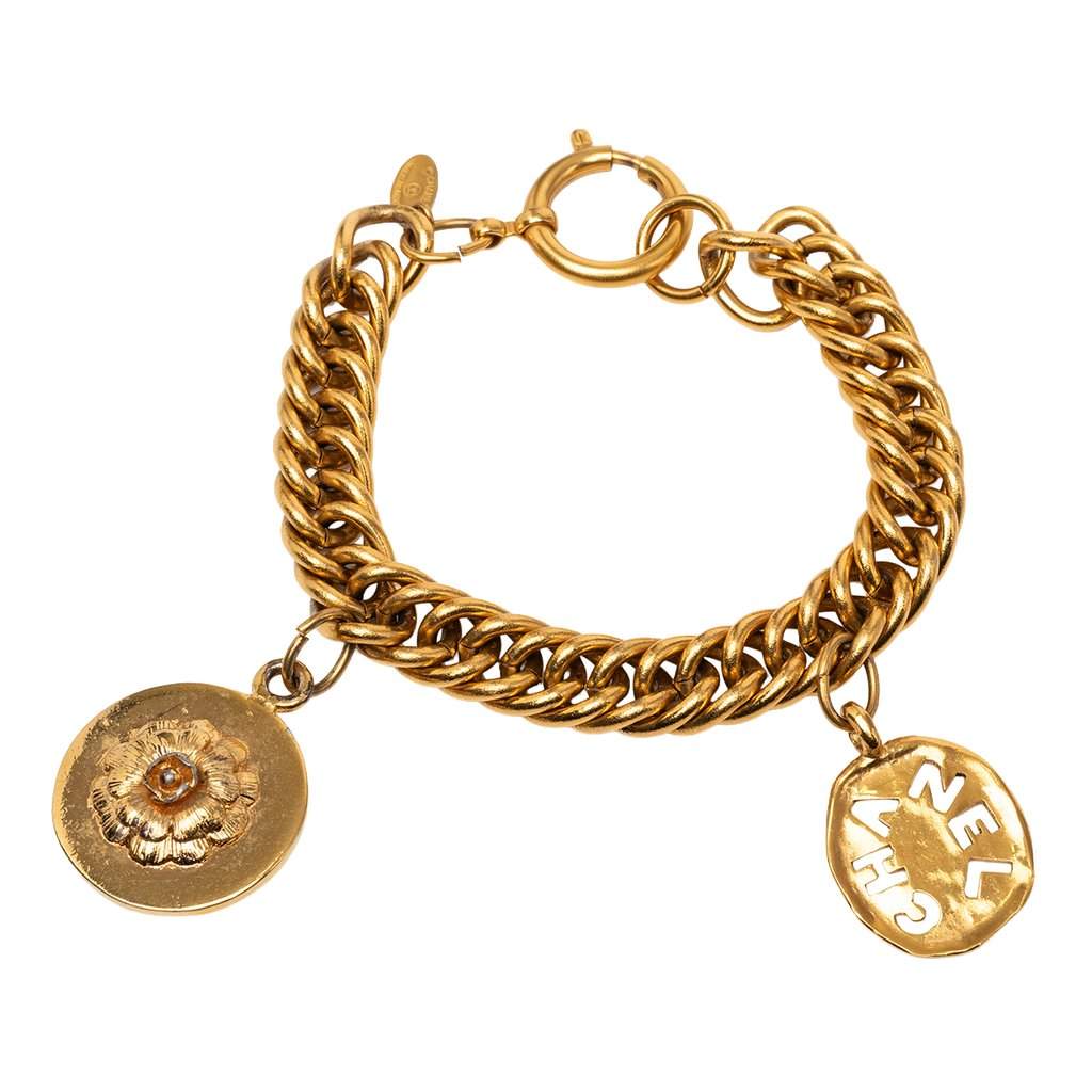 Chanel CC Gold Plated Medallion Camellia Charm Bracelet Gold Metal Very good - Front View