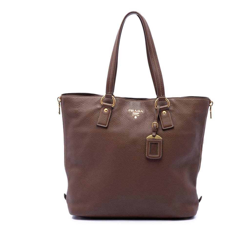 Prada Vitello Daino Side Zip Shopper Tote Brown Leather Very good condition - Front View