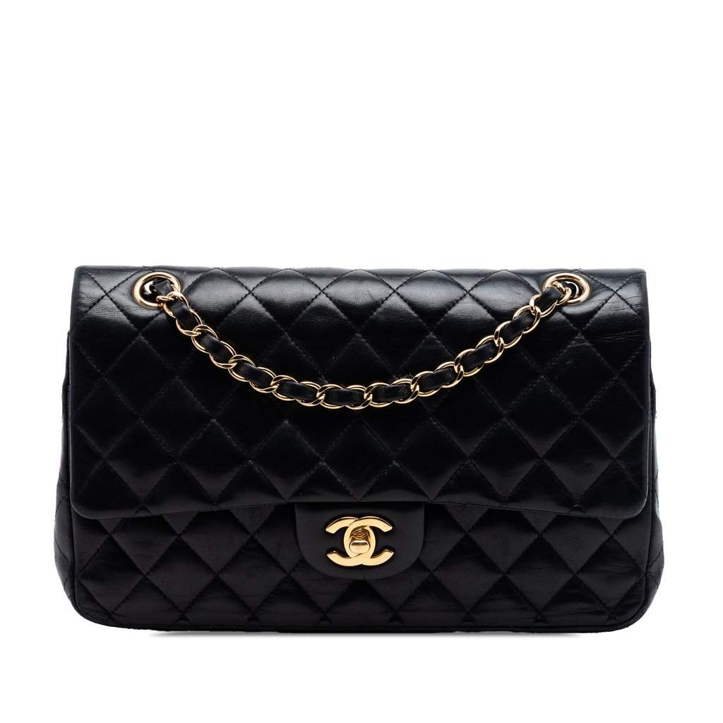 Chanel Medium Classic Lambskin Double Flap Black Leather Very good condition - Front View