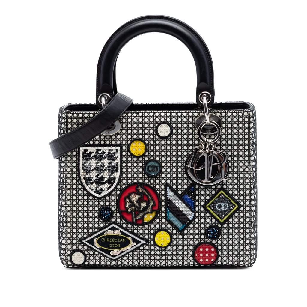 Dior Medium Calfskin Mesh Microcannage Patches Lady Dior Black Leather Very good condition - Front View