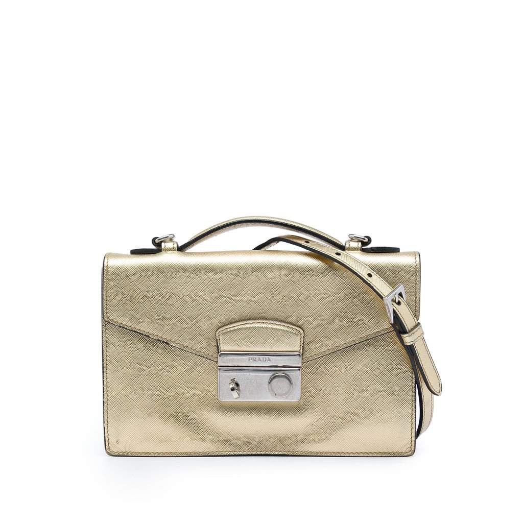 Prada Saffiano Sound Lock Satchel Gold Leather Very good - Front View