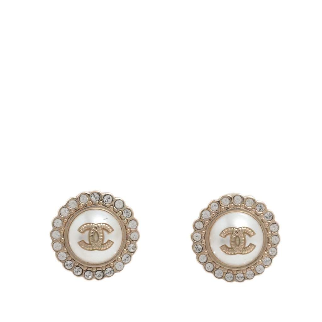 Chanel CC Gold Plated Faux Pearl Strass Bullet Back Earrings Gold Metal Very good - Front View