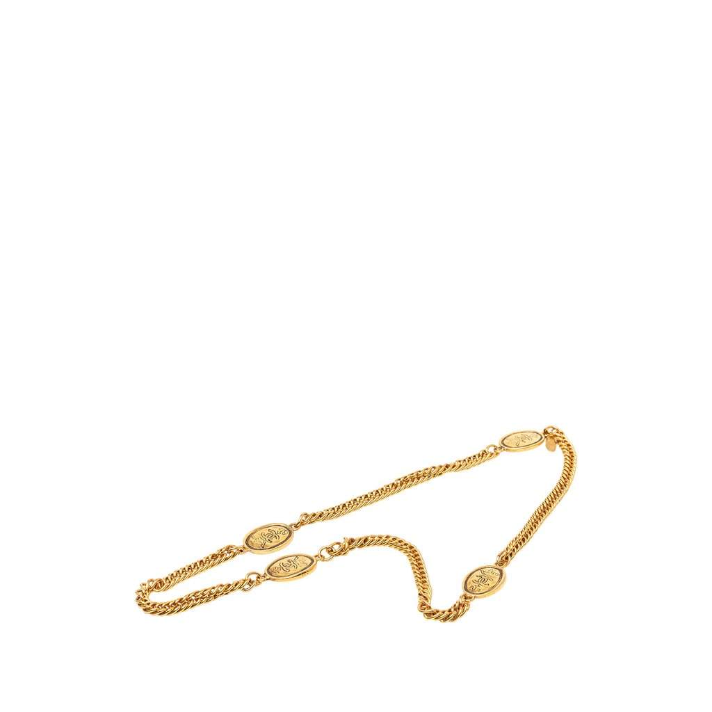 Chanel CC Gold Plated Crown Medallion Station Necklace Gold Metal Very good - Front View
