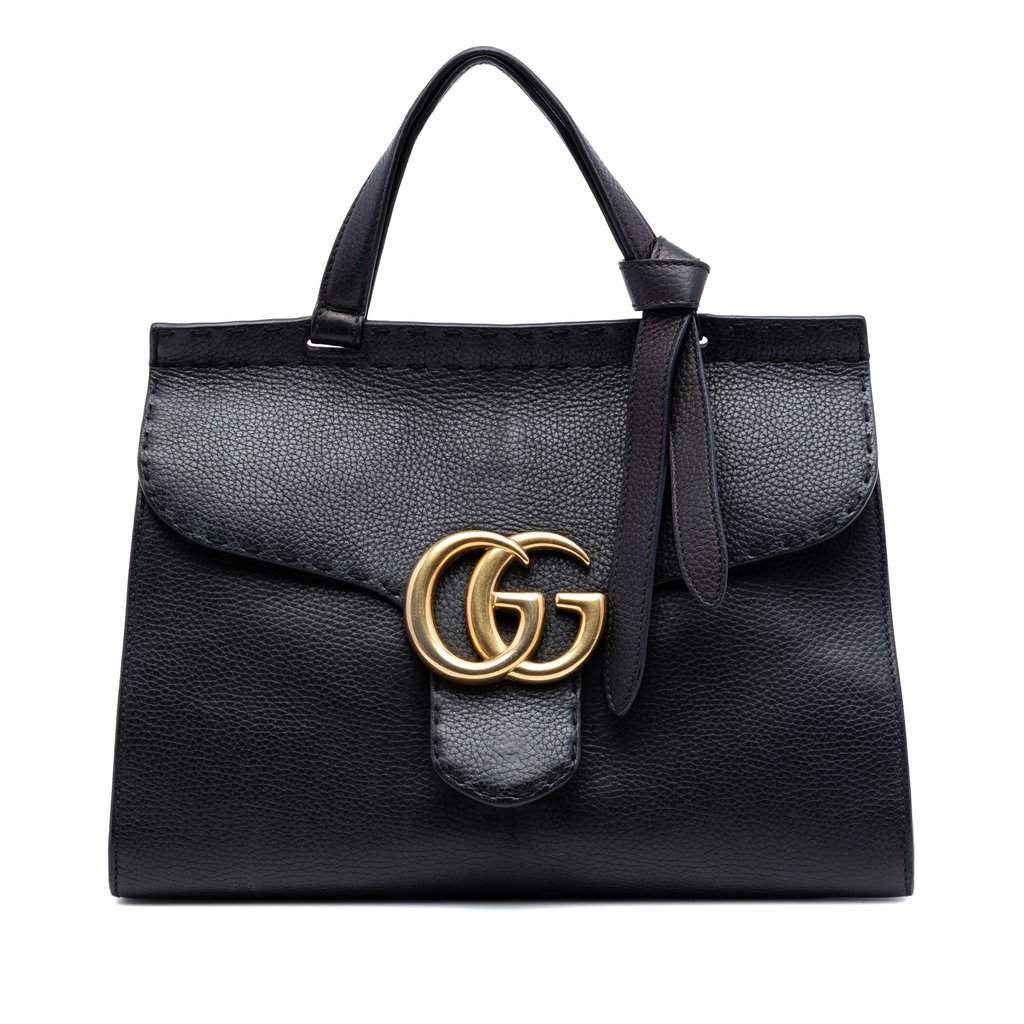 Gucci Small GG Marmont Grained Calfskin Top Handle Satchel Black Leather Very good - Front View