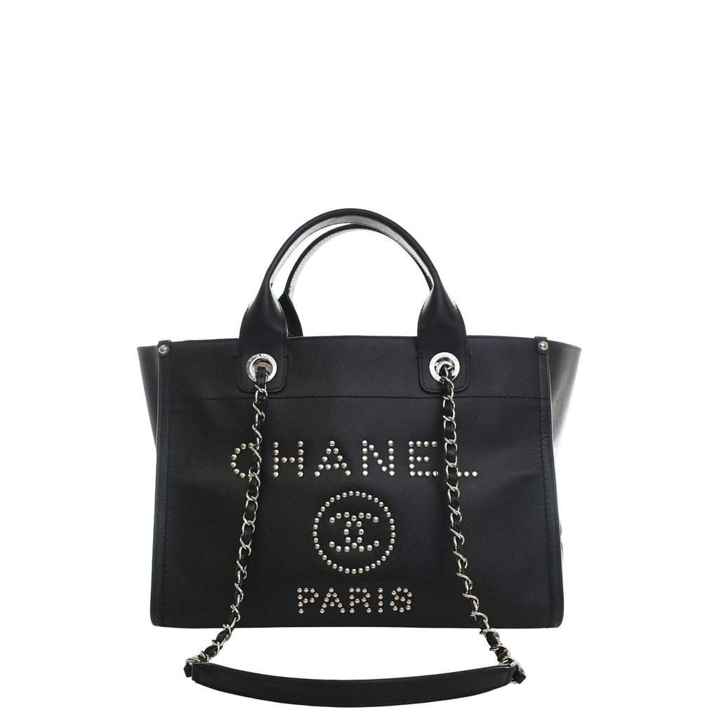 Chanel Small Studded Caviar Deauville Tote Black Leather Very good - Front View