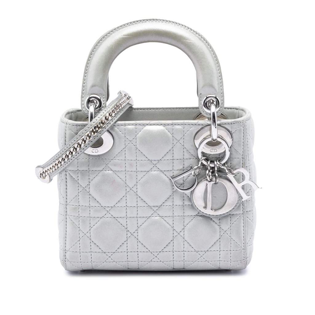 Dior Mini Iridescent Lambskin Cannage Lady Dior Silver Leather Very good condition - Front View