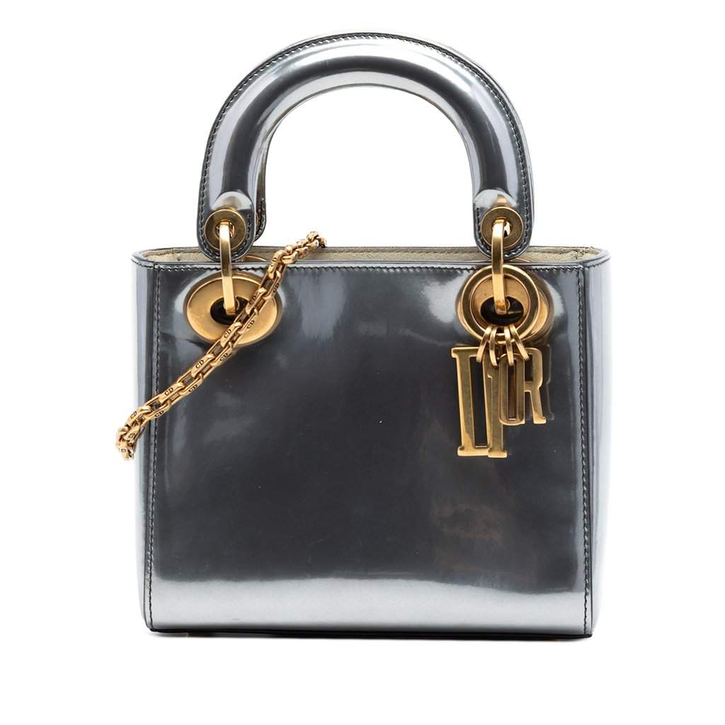 Dior Mini Metallic Patent Lady Dior Silver Leather Very good - Front View