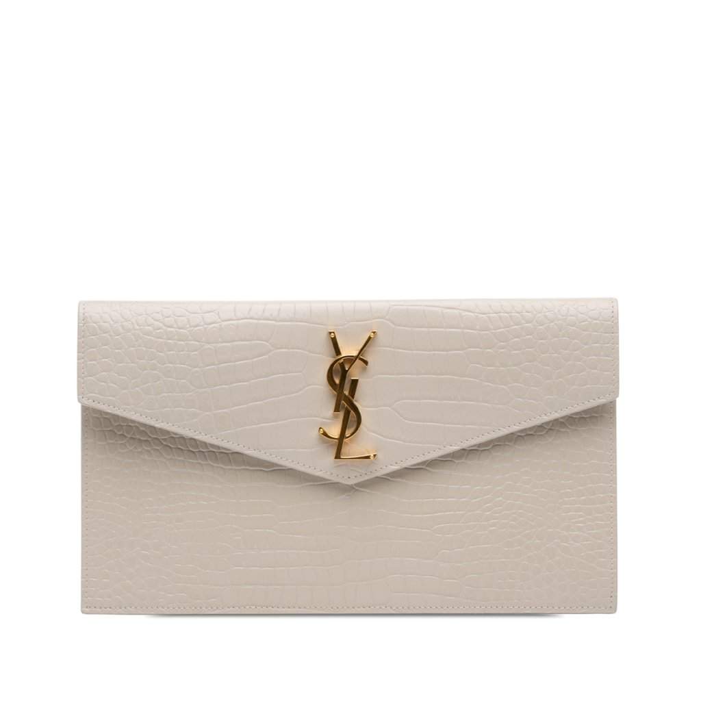 Saint Laurent Croc Embossed Leather Uptown Pouch Brown Leather Very good - Front View