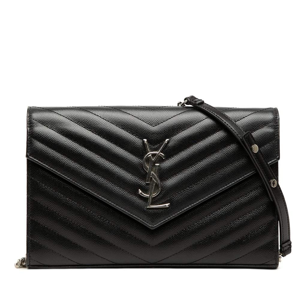Saint Laurent Grain De Poudre Chevron Cassandre Envelope Chain Wallet Black Leather Very good - Front View