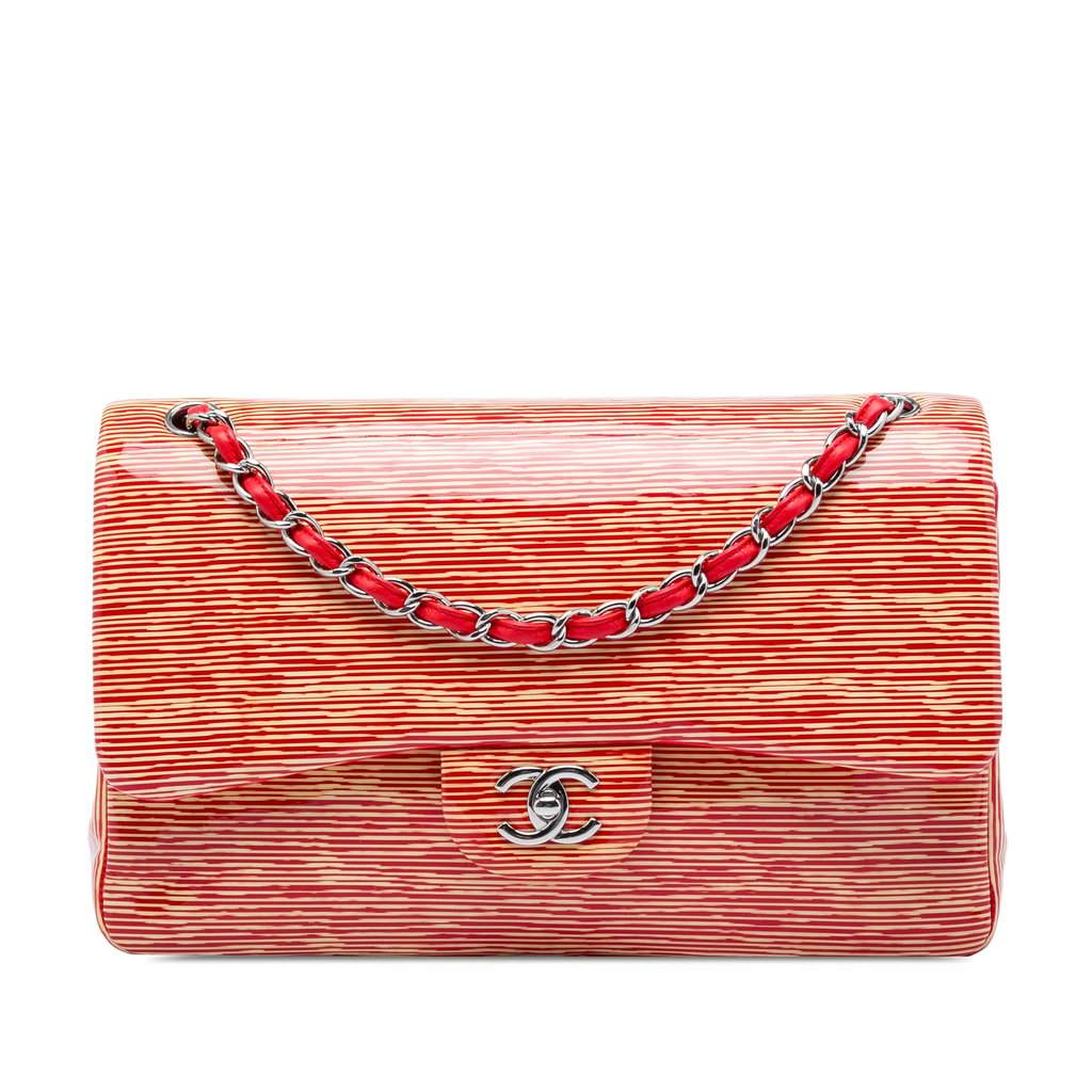 Chanel Jumbo Classic Patent Striped Double Flap Red Leather Very good - Front View