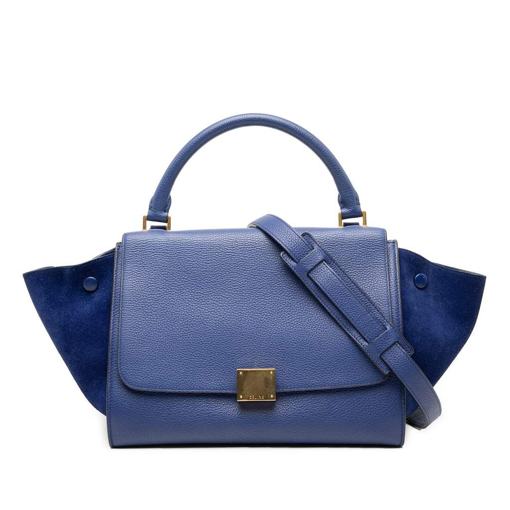 Celine Small Drummed Calfskin and Suede Trapeze Satchel Blue Leather Very good condition - Front View
