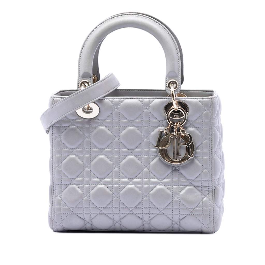Dior Medium Pearlescent Lambskin Cannage Lady Dior Silver Leather Very good condition - Front View