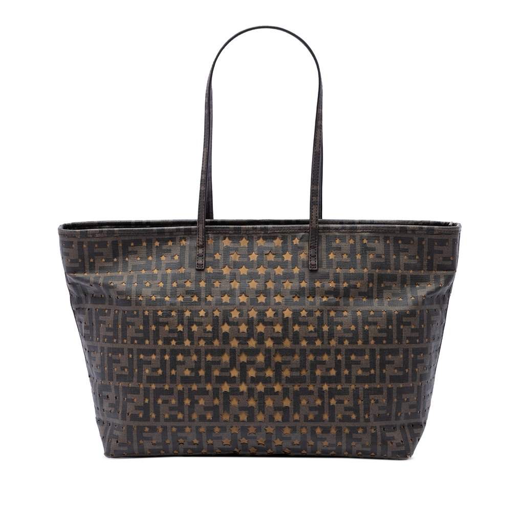 Fendi Medium Zucca Coated Canvas Laser Cut Star Roll Tote Brown Very good - Front View