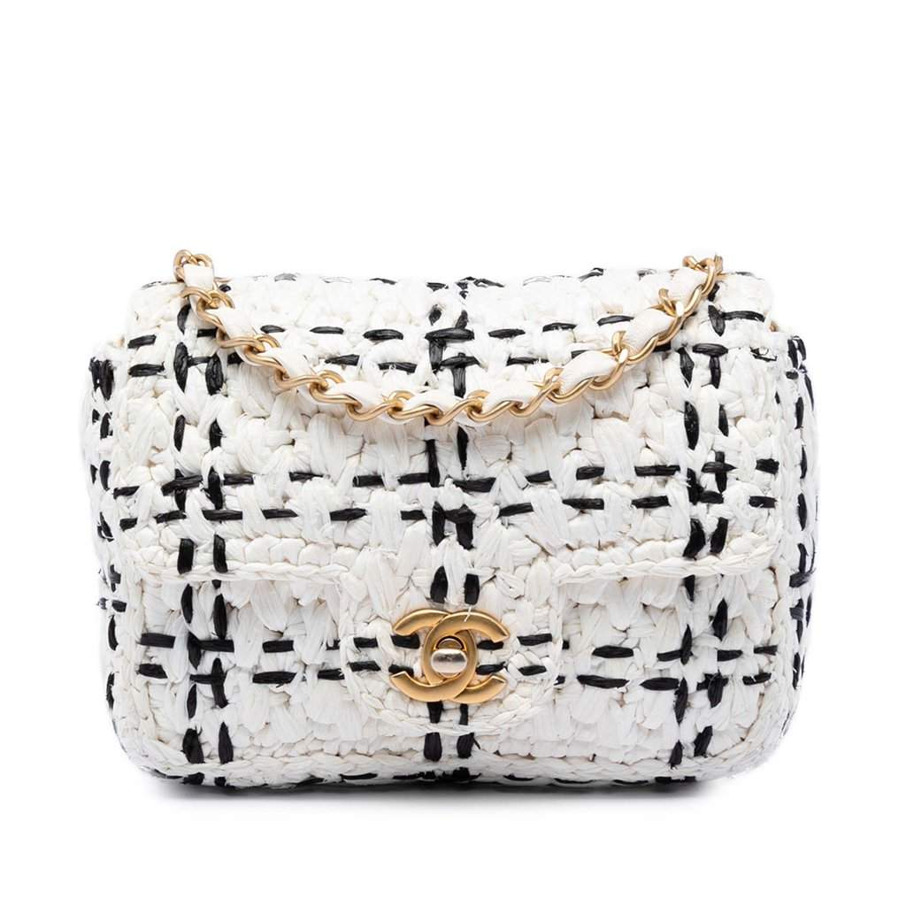 Chanel CC Mini Raffia Effect Tweed Flap White Very good condition - Front View