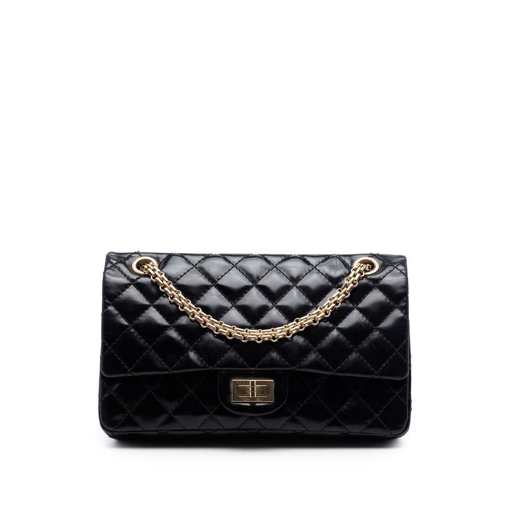 Chanel Quilted Glazed Calfskin Reissue 2.55 Accordion Flap 225 Black Leather Very good condition - Front View