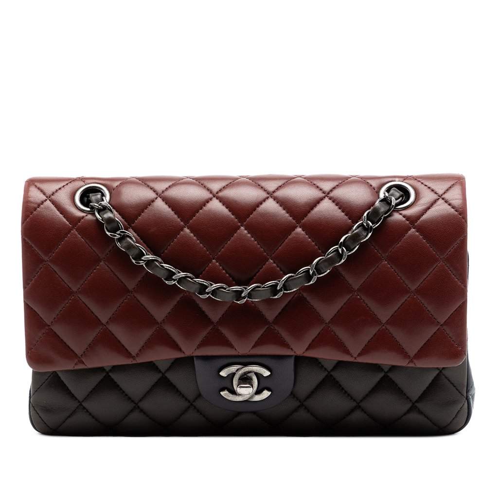 Chanel Medium Classic Tricolor Lambskin Double Flap Red Leather Very good - Front View