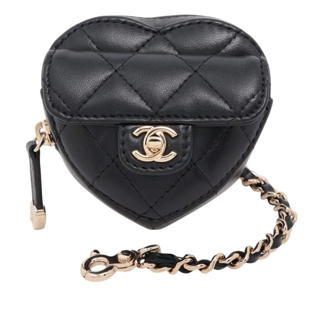 Chanel Mini Lambskin CC in Love Heart Key Chain and Bag Charm Black Leather Very good - Front View