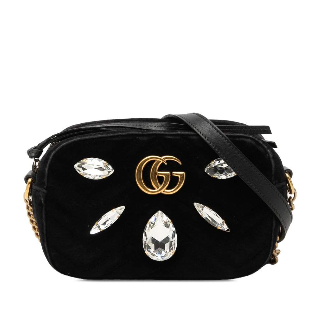 Gucci Mini GG Marmont Crystal Embellished Matelasse Velvet Crossbody Black Very good condition - Front View