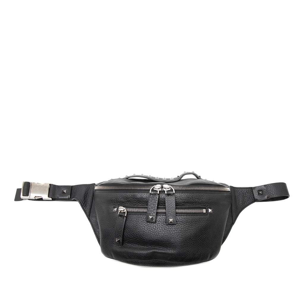Valentino Pebbled Calfskin Rockstud Belt Bag Black Leather Very good - Front View