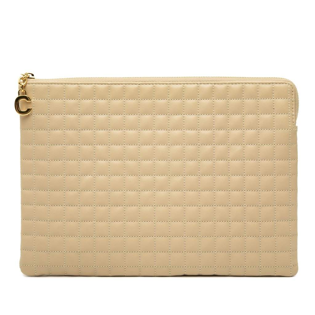 Celine Quilted Calfskin C Charm Clutch Beige Leather Very good condition - Front View