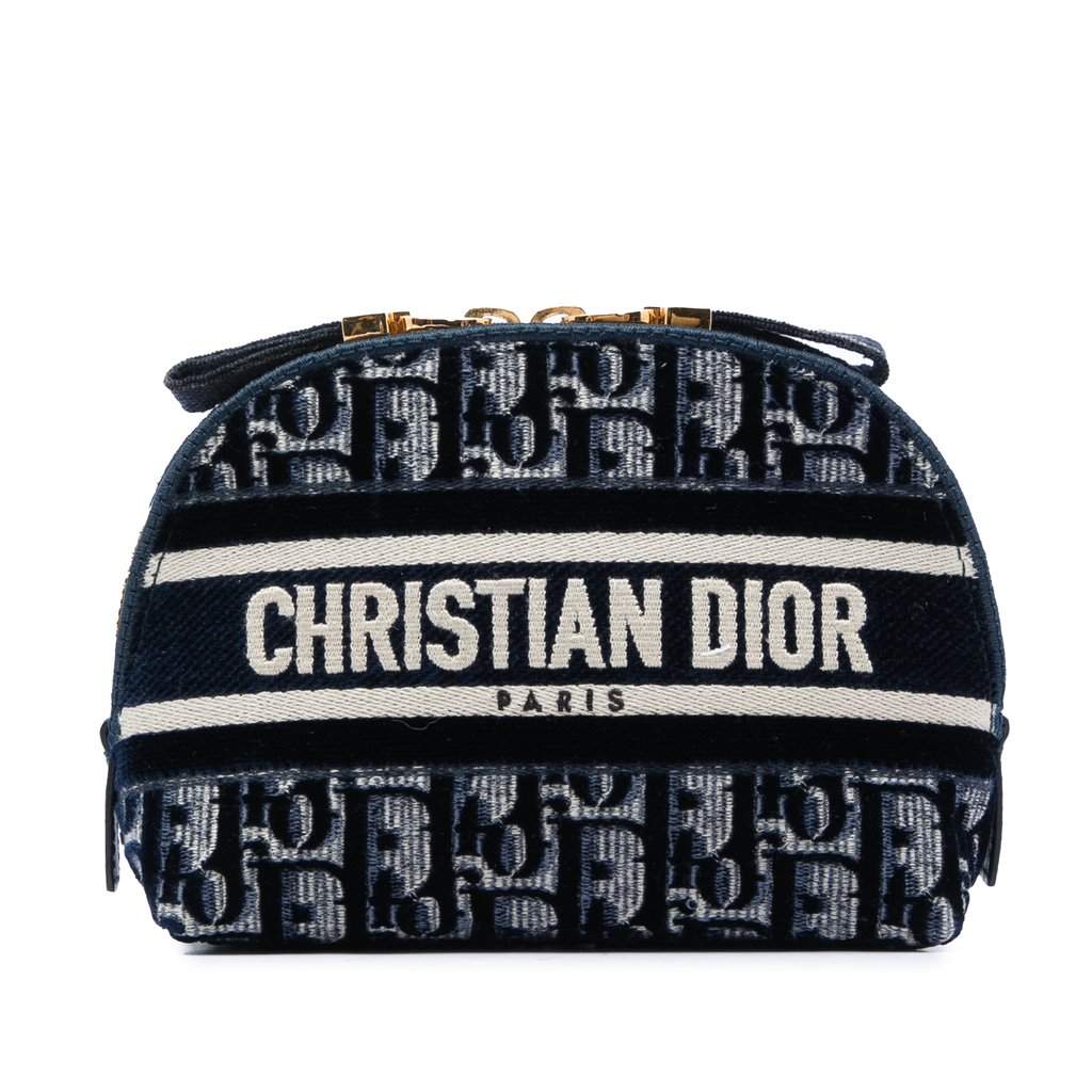Dior Oblique Embroidered Velvet Cosmetic Pouch Blue Very good - Front View