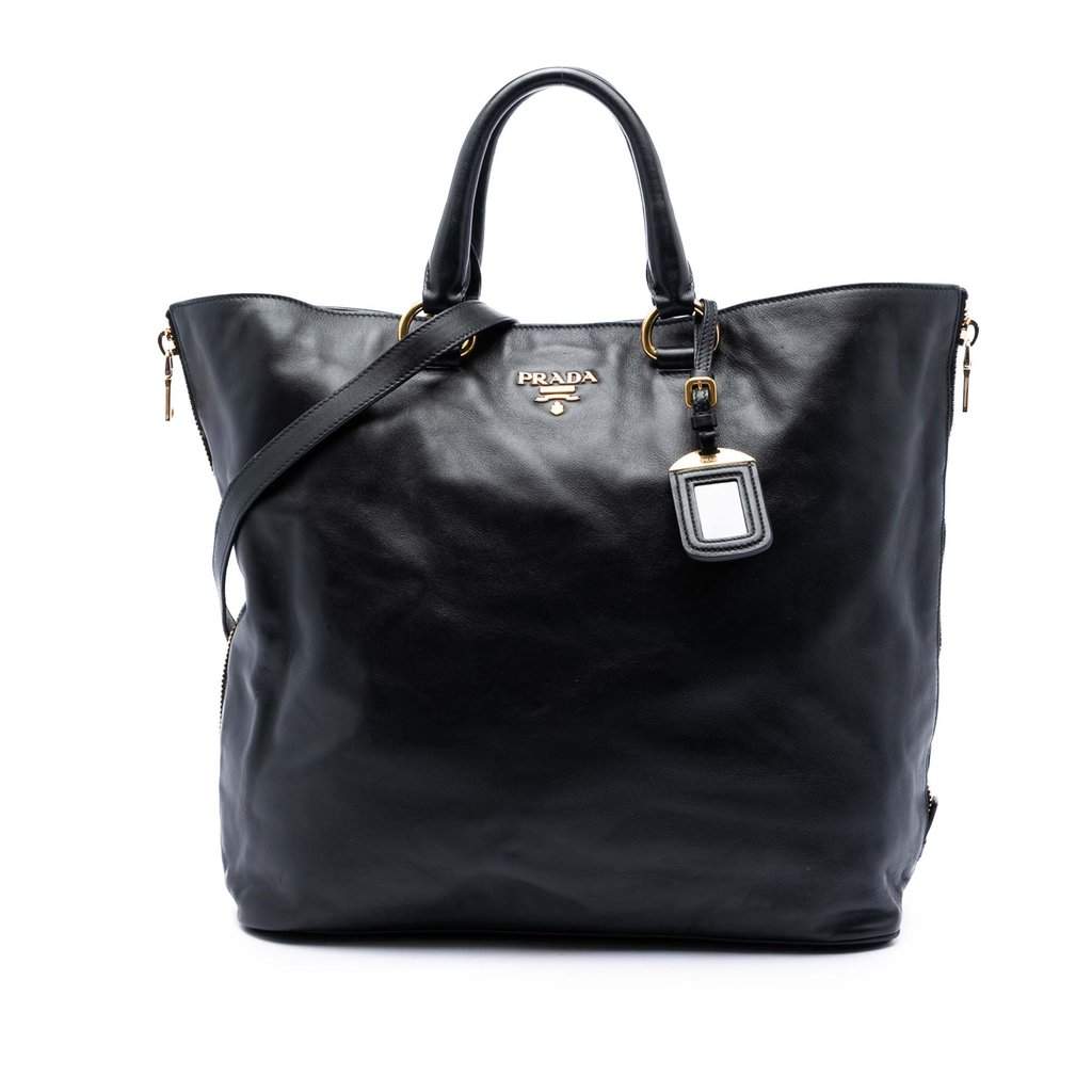 Prada Soft Calf Side Zip Open Convertible Tote Black Leather Very good condition - Front View