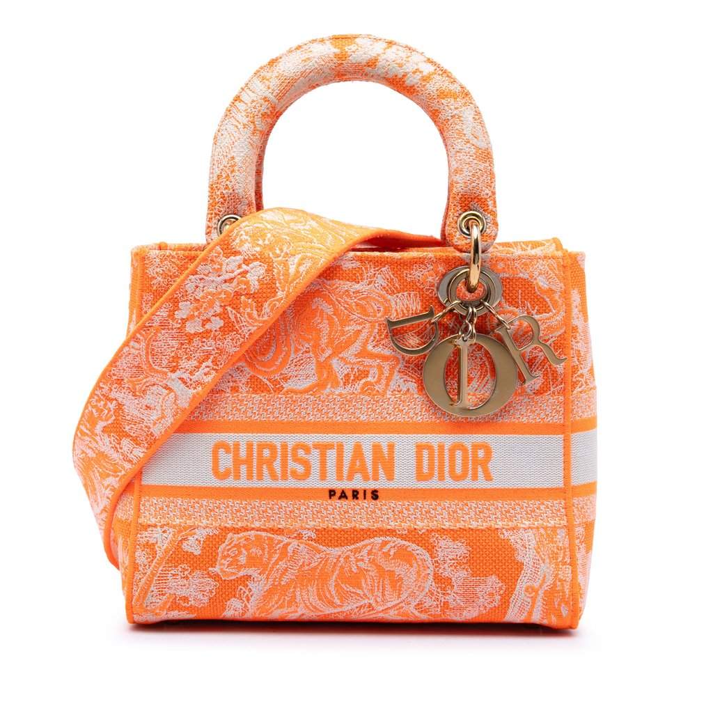 Dior Medium Embroidered Canvas Toile De Jouy Lady D Lite Orange Very good condition - Front View