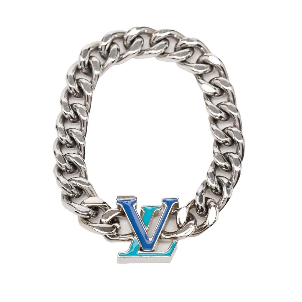 Louis Vuitton Stainless Steel Enamel LV Chain Bracelet M Silver Metal Very good condition - Front View