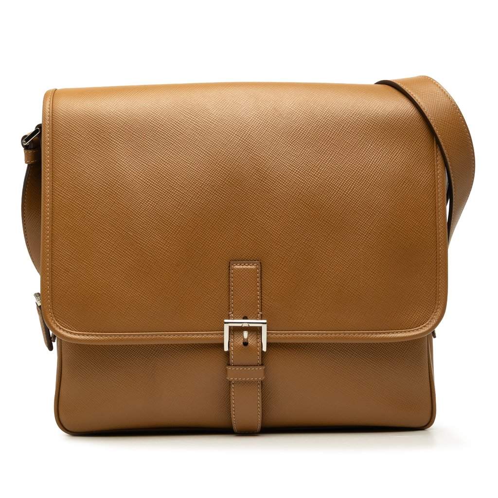 Prada Saffiano Buckle Messenger Bag Brown Leather Very good - Front View
