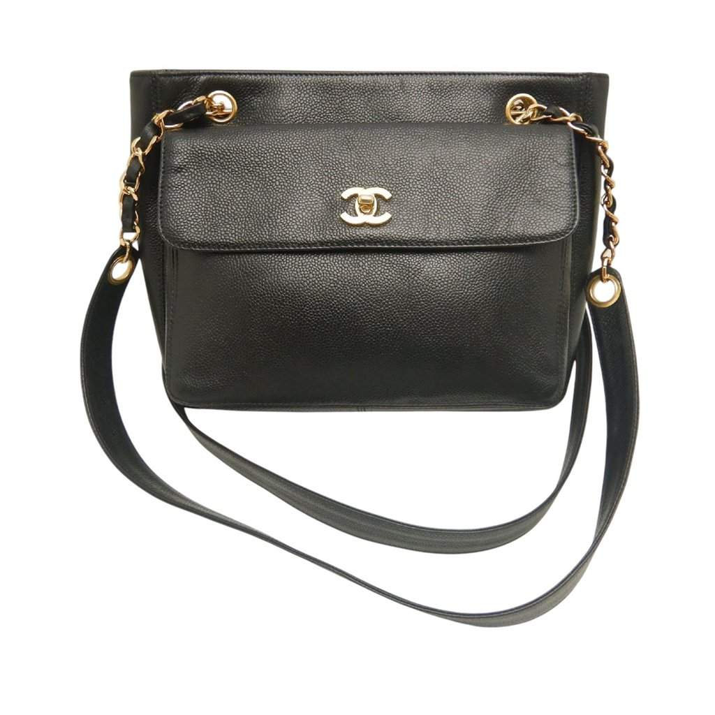 Chanel CC Caviar Front Pocket Chain Tote Black Leather Very good - Front View
